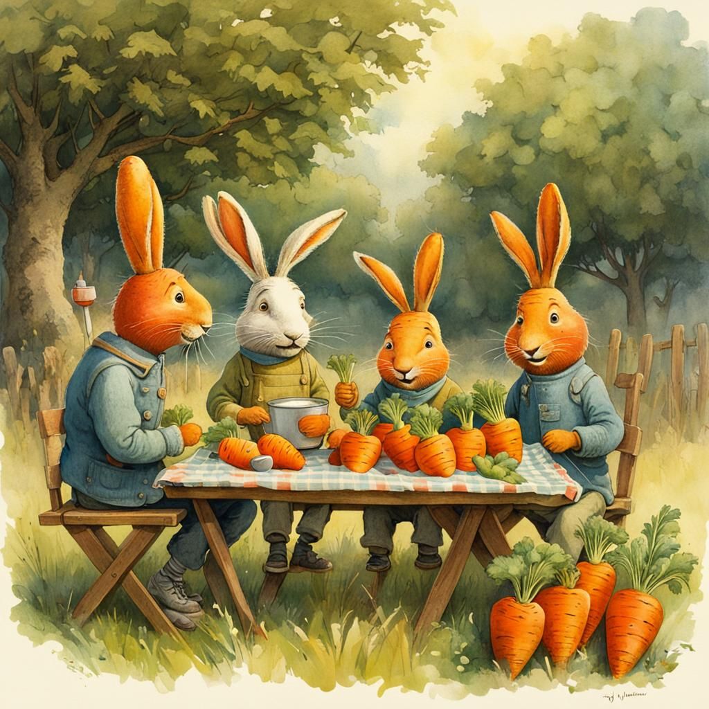 Whimsical Carrots Picnic: Storybook Illustration