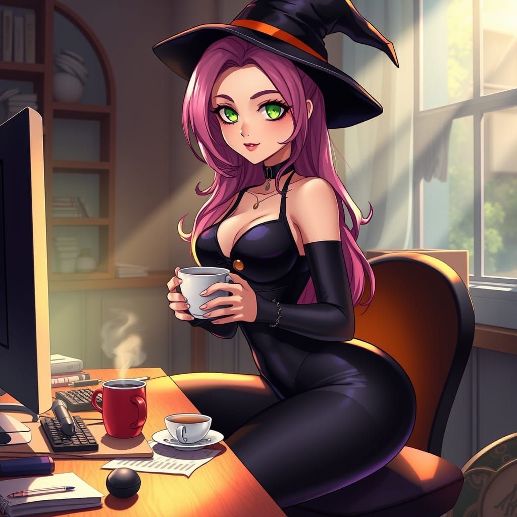 Mystical Anime Witch in Elegant Black Attire