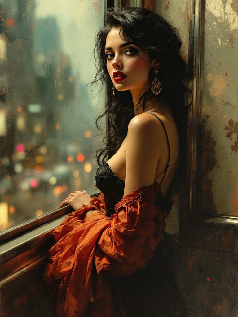 Pin-Up Woman in NYC Subway, Art Nouveau Tonalism Style