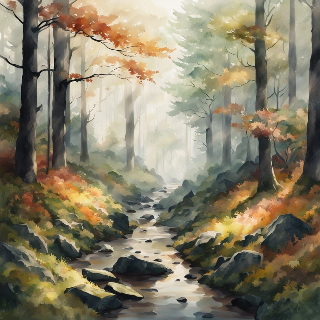 Misty Autumn Forest Watercolor Painting