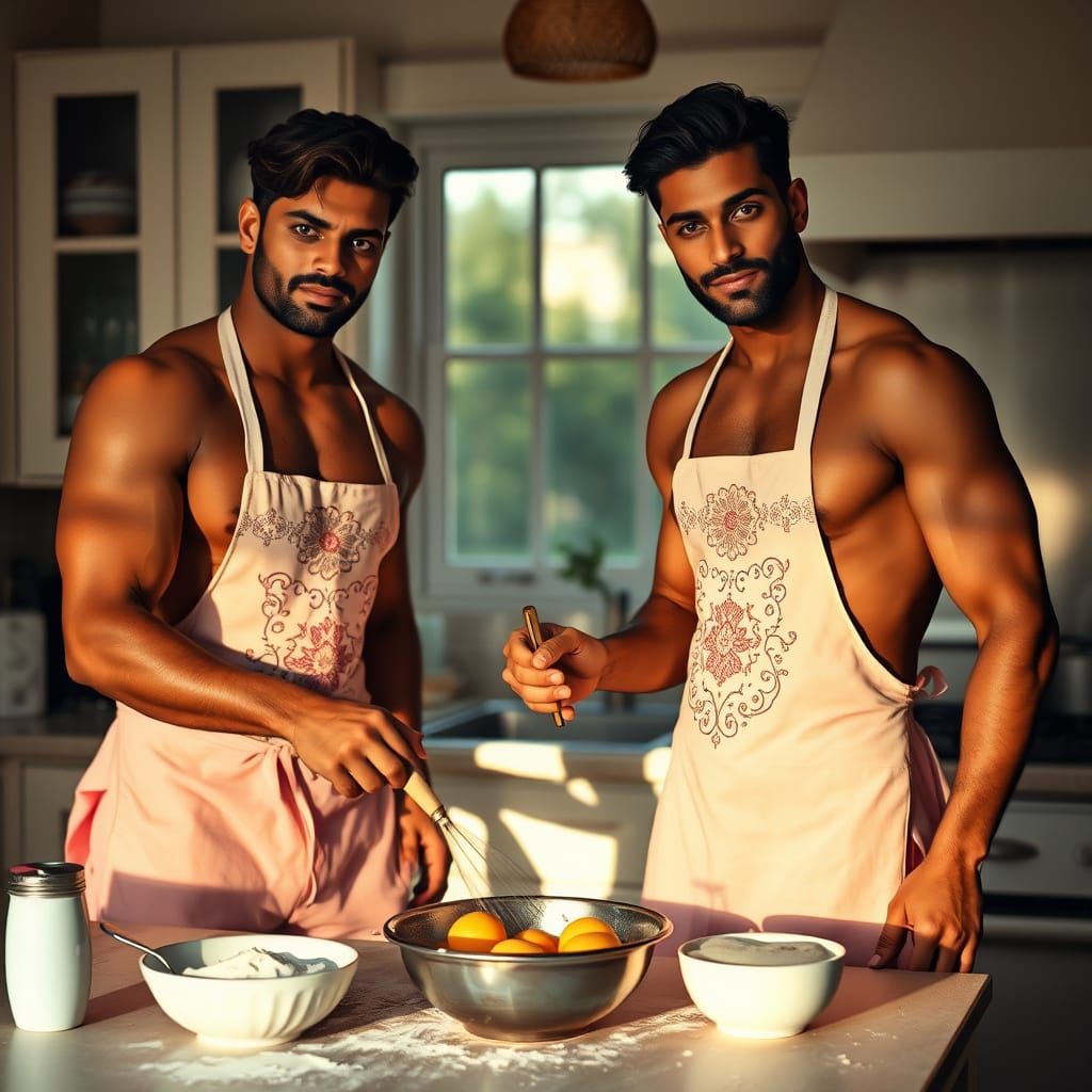 Muscular Indian Men Cooking Breakfast in Golden Light