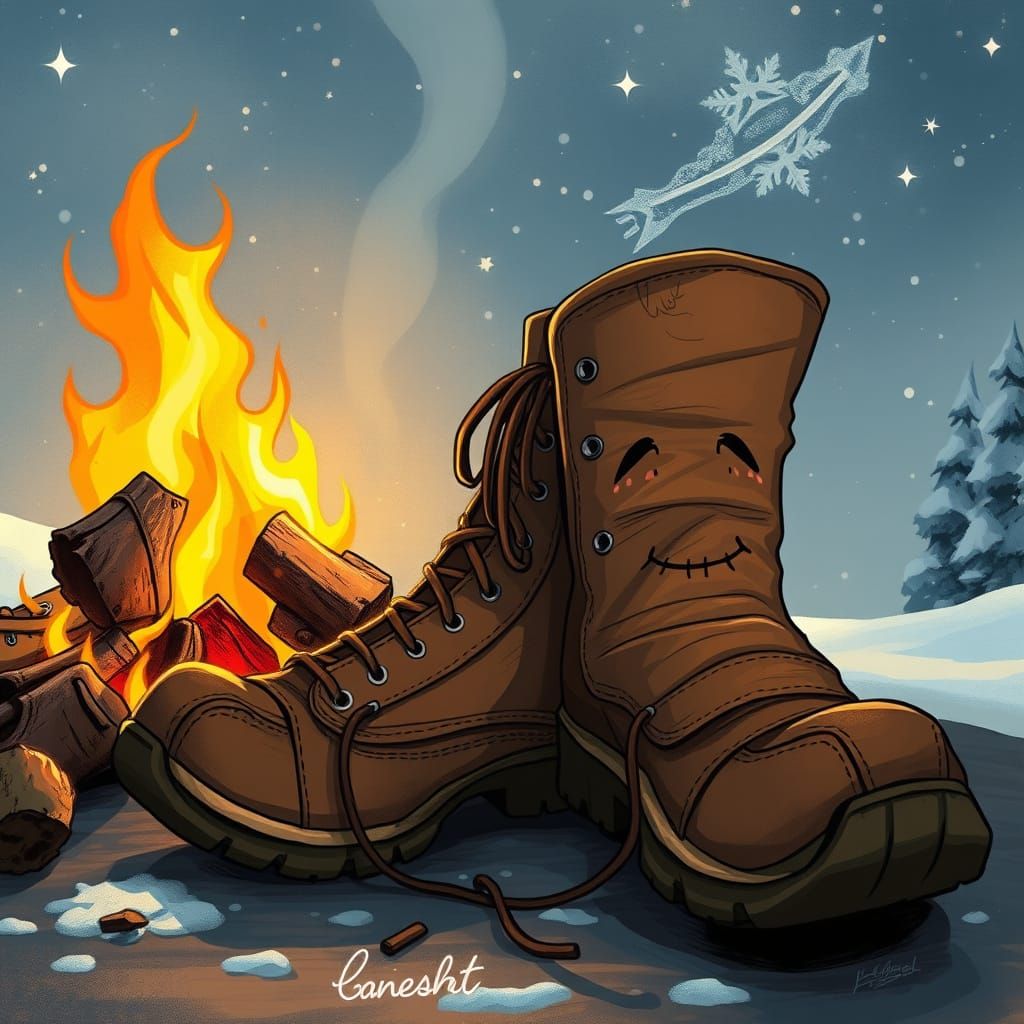 Sleepy Hiking Boots by Campfire in Winter