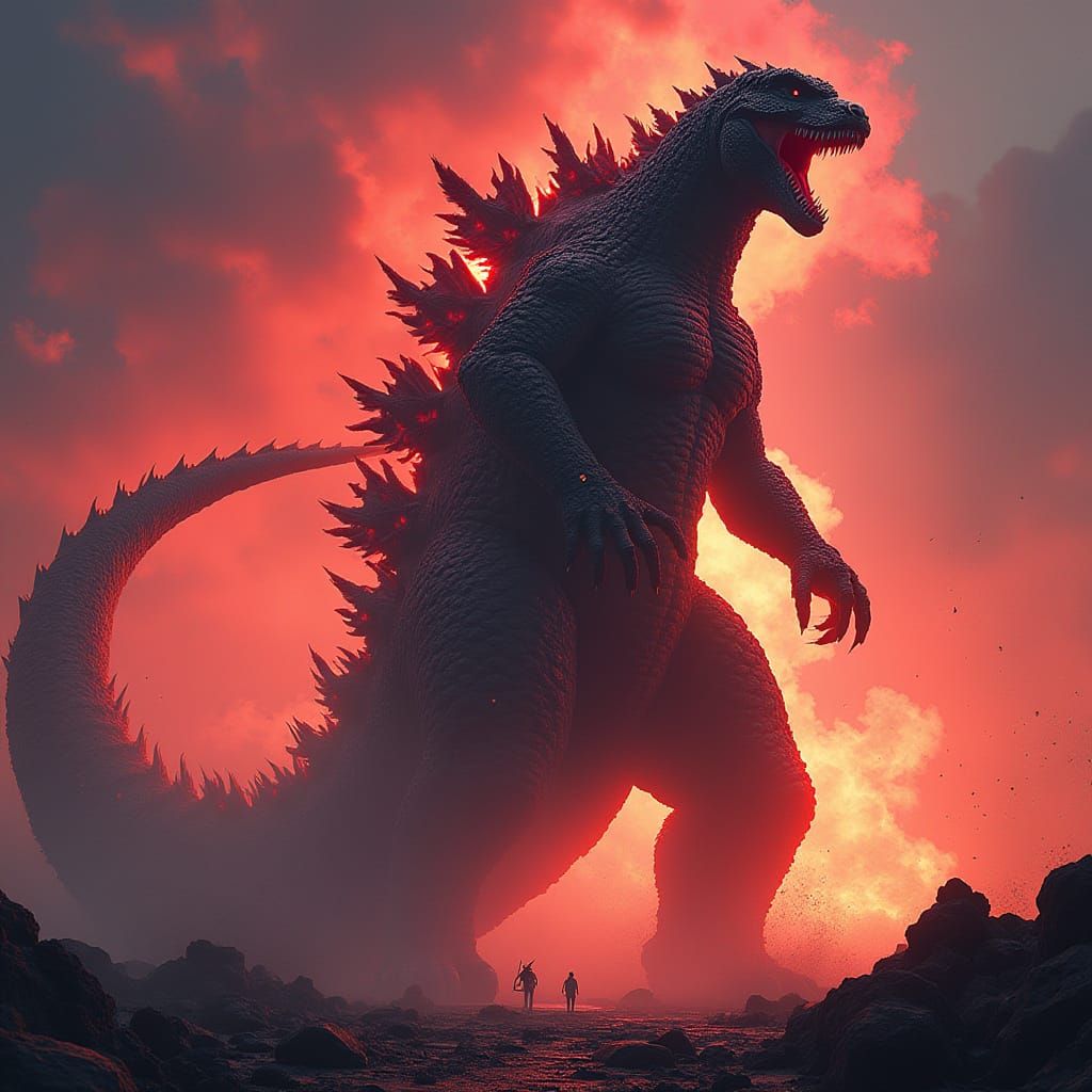 Godzilla Radiating Fiery Aura in Futuristic Style