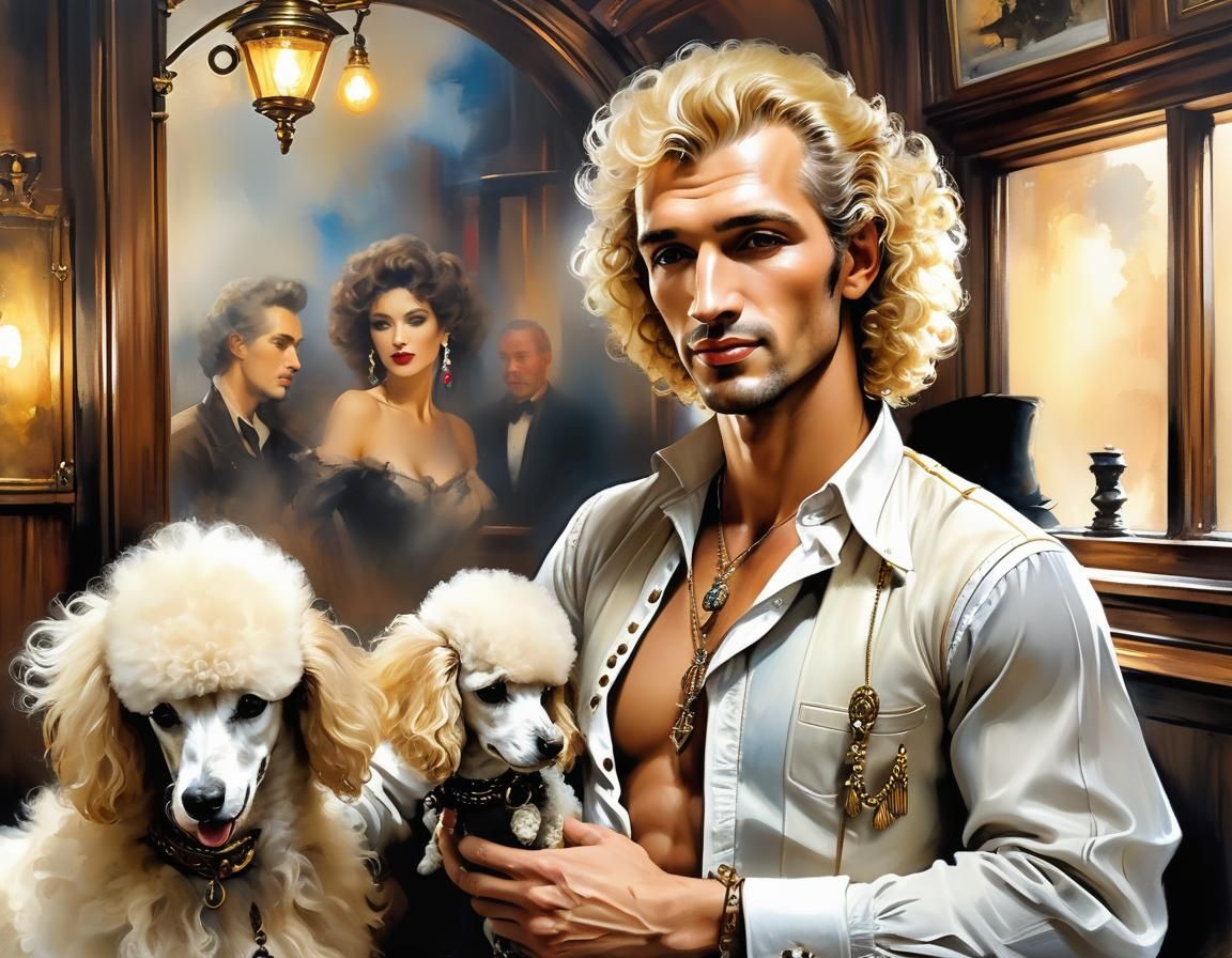 Curly Blond Man in Saloon, Ink Drawing Style