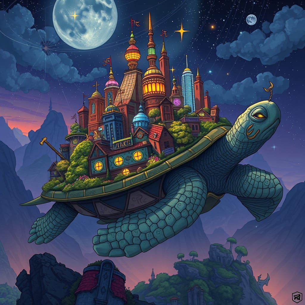 Picture a gravity-defying cityscape built on the back of a g...