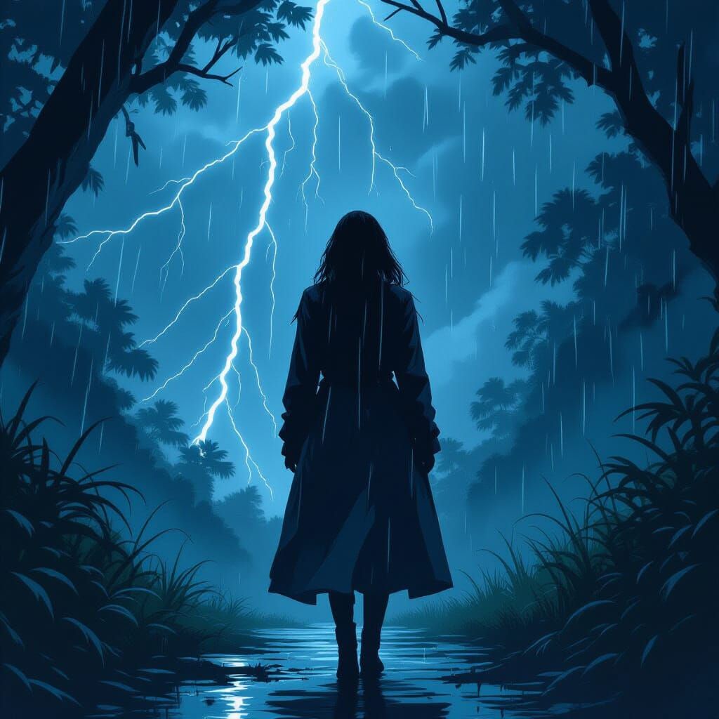 Woman in Stormy Jungle, Expressive Brushstrokes