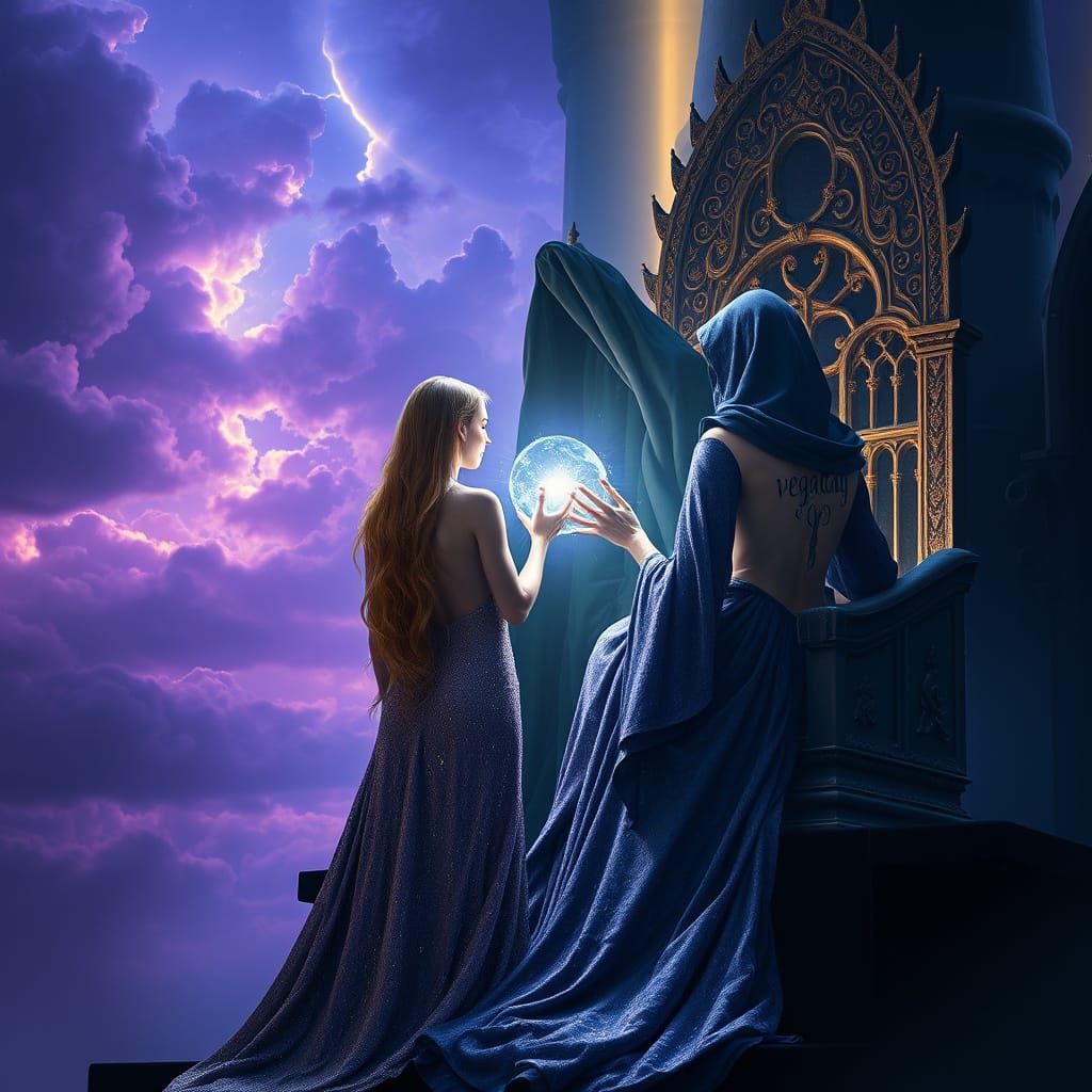 Mysterious Figure on Throne with Ethereal Orb and Goddess-Li...