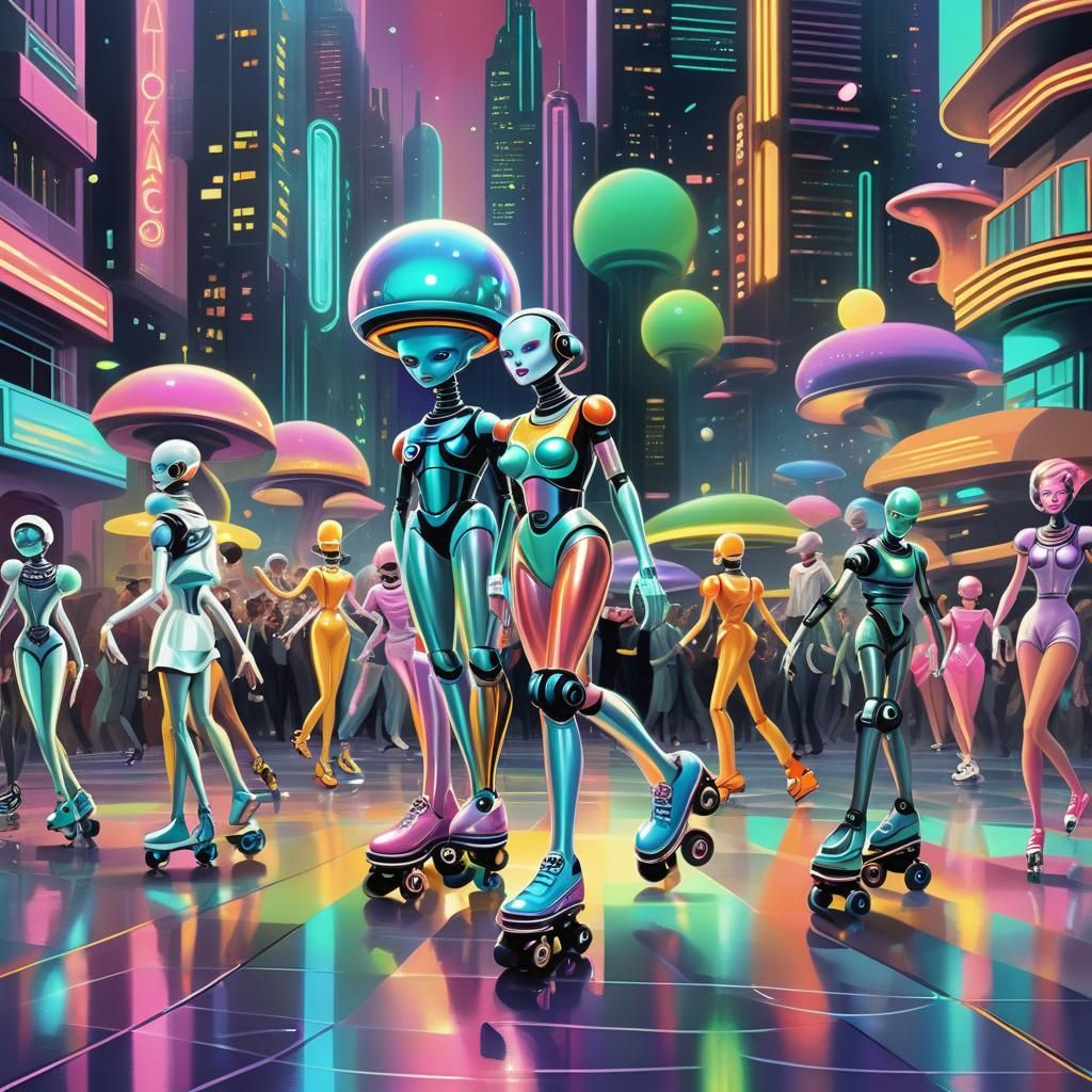 Martian Disco with Dancing Robots in Retro-Futuristic Art