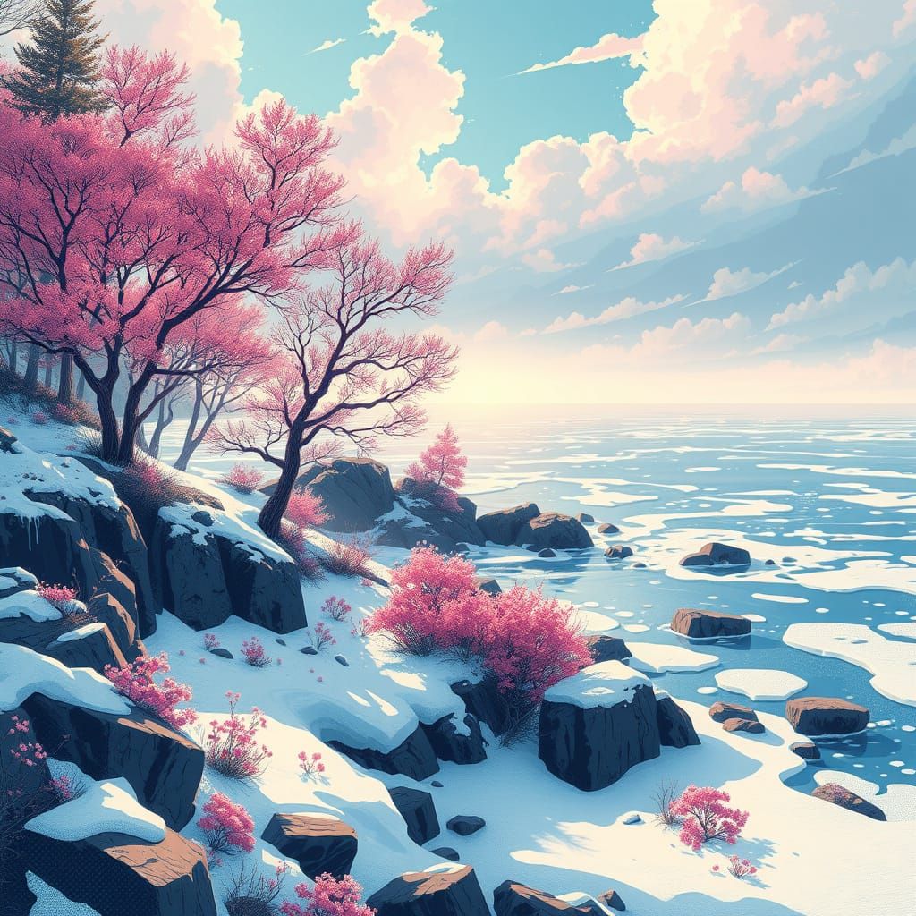 Maine Coastline: Winter Meets Spring in Graphic Novel Style