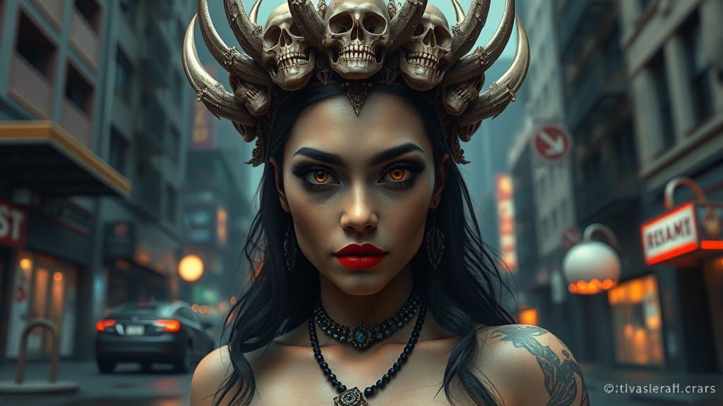 Gritty Urban Fantasy Portrait of a Ravishing Woman with Bone...