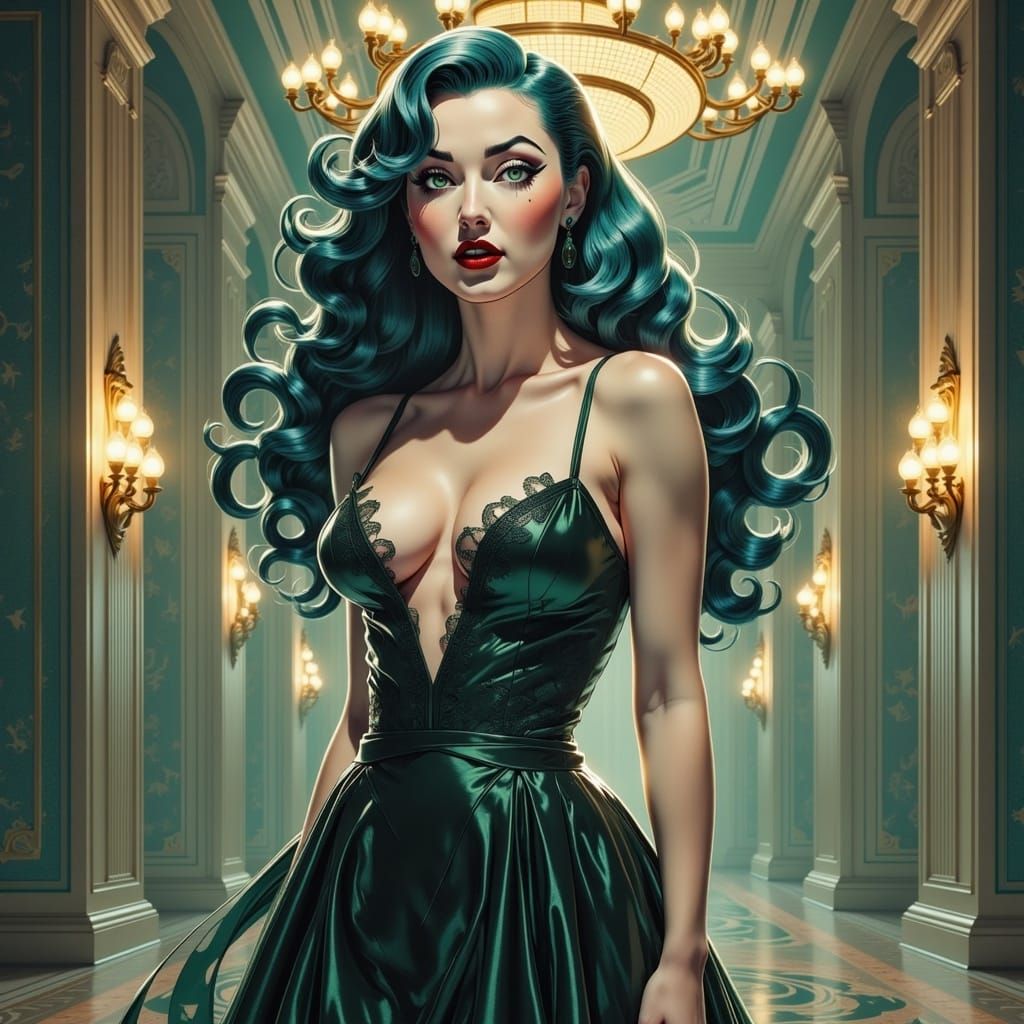 Elegant Woman in Black Gown, Anime-Style Ballroom