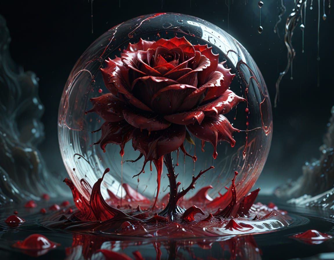Dark Blood Rose in Water Dome, Surreal Matte Painting