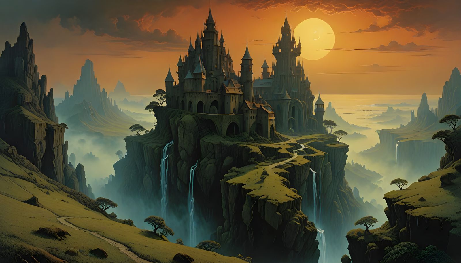 Majestic Mountain Kingdom with Dragons in Crimson Dawn