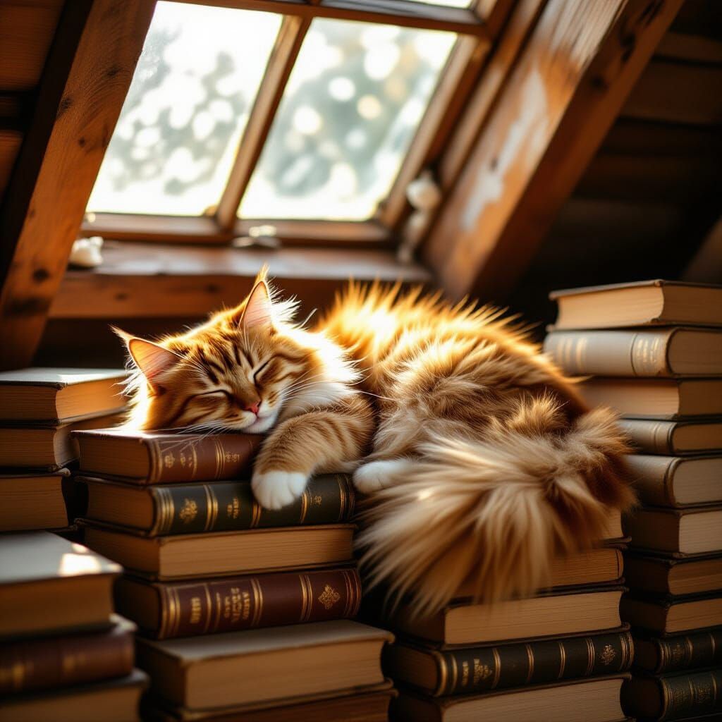 Fluffy Ginger Cat Sleeping on Antique Books