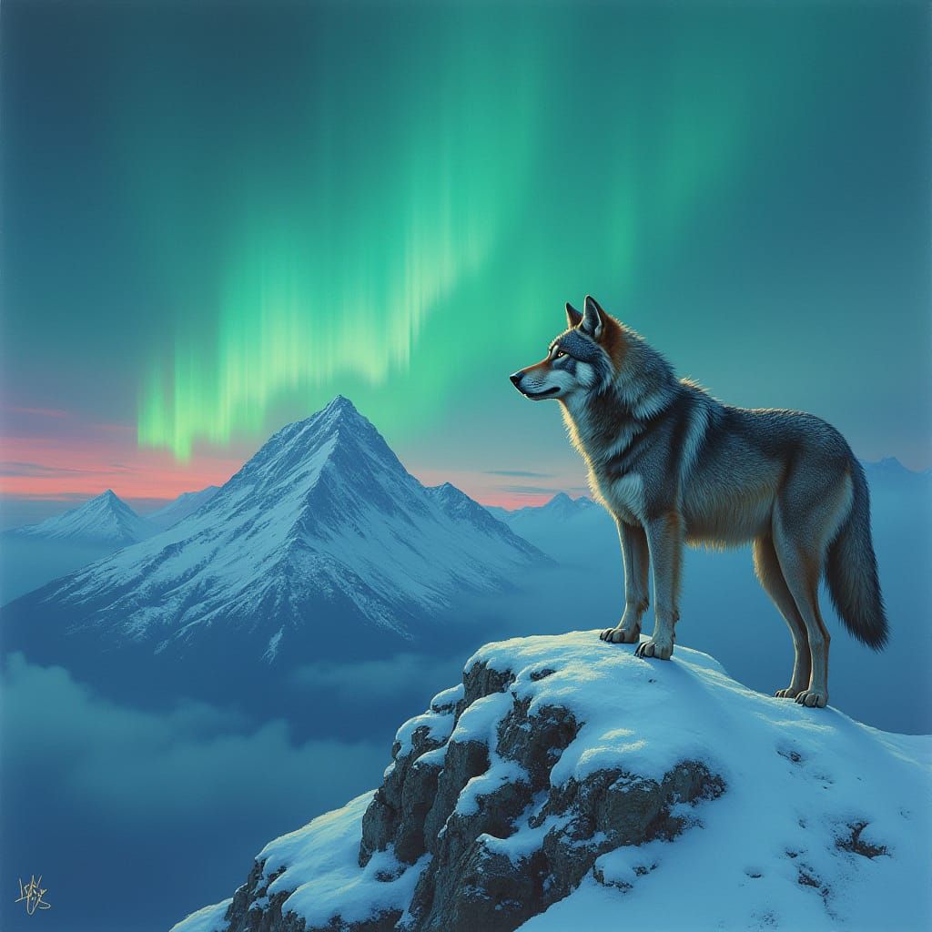 Wolf Gazing at Aurora Borealis in Fantasy Style