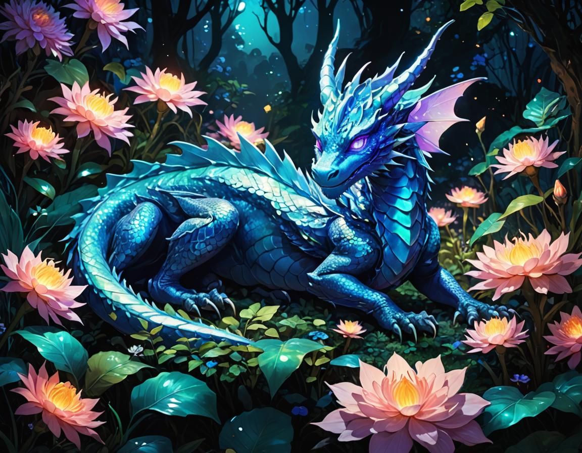 Sleeping Dragon Boy in Bioluminescent Anime Art