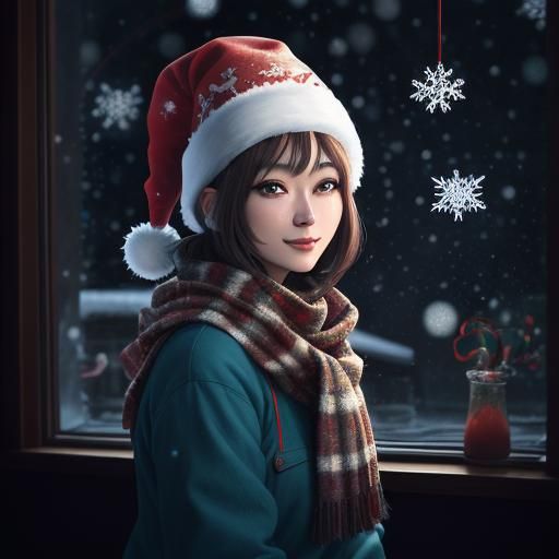 Festive Christmas Cat in Hat: 3D Anime Art