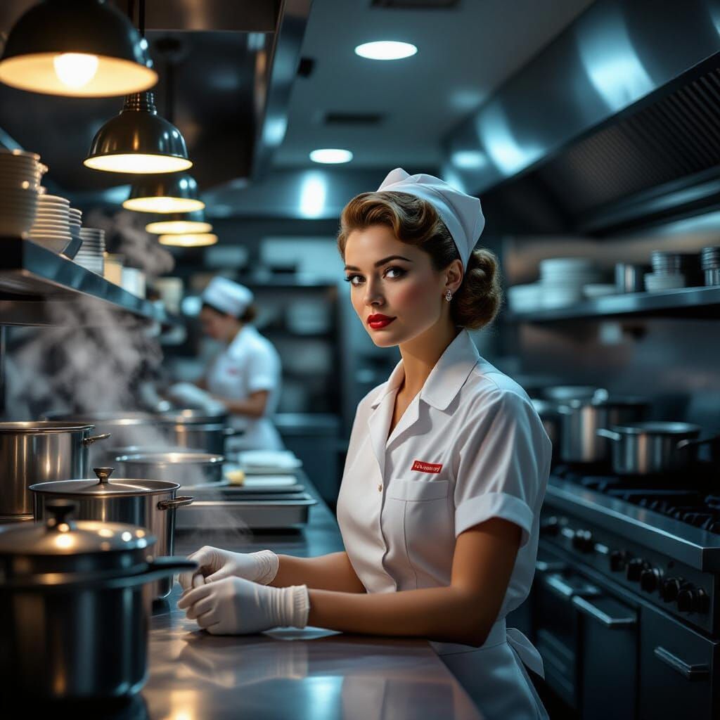 Woman in 1950s Diner Kitchen, Moody Cinematic Realism