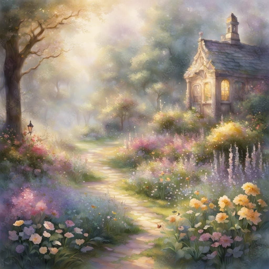 Ethereal Spring Garden in Soft Watercolor Style