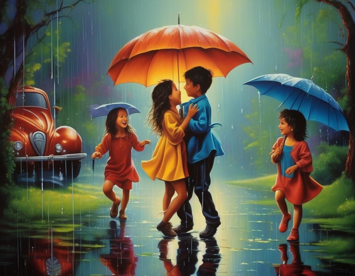 Kids Playing in Rain: Fantasy Surrealism Painting