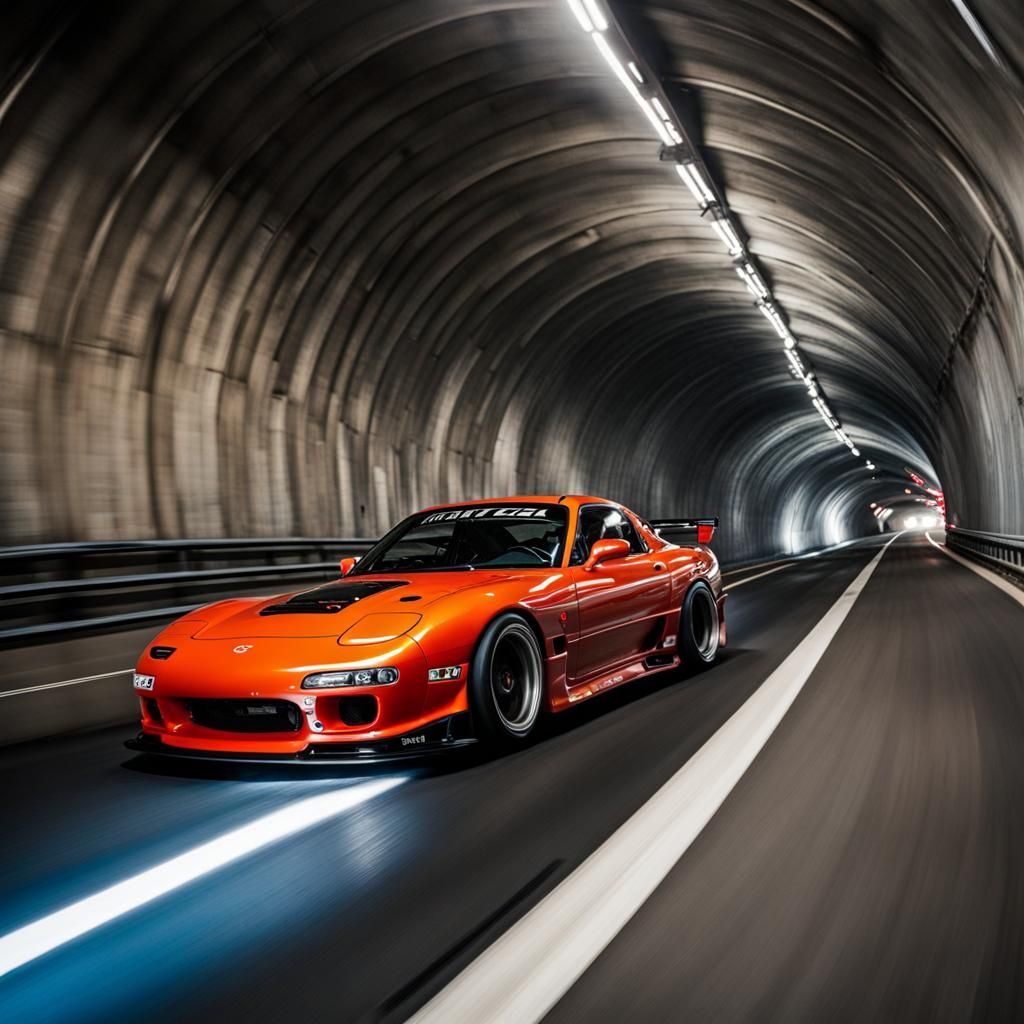 Modified Mazda RX7 Drifting in Tunnel