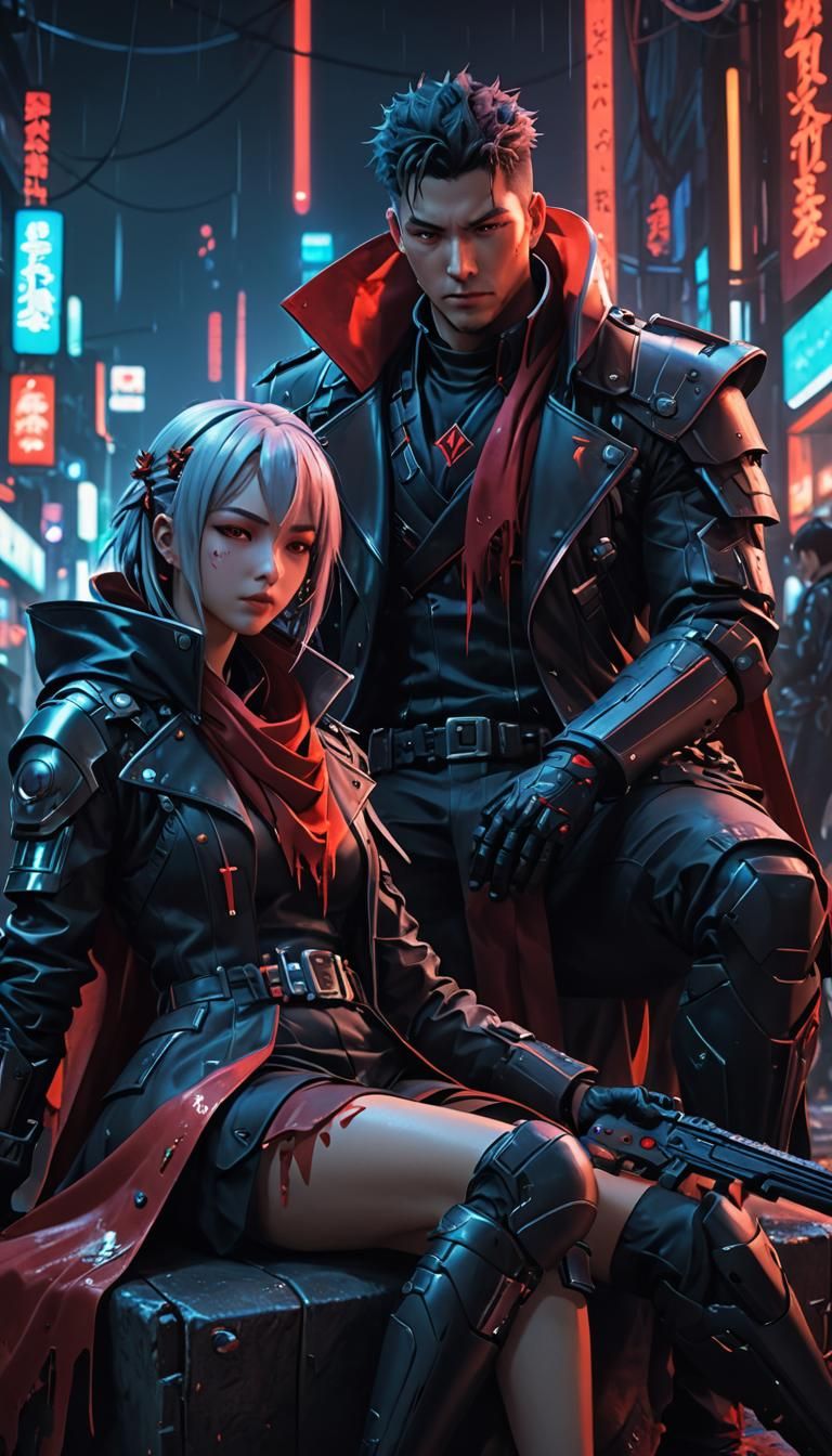 Cyberpunk Anime Throne Scene with Red Scarf