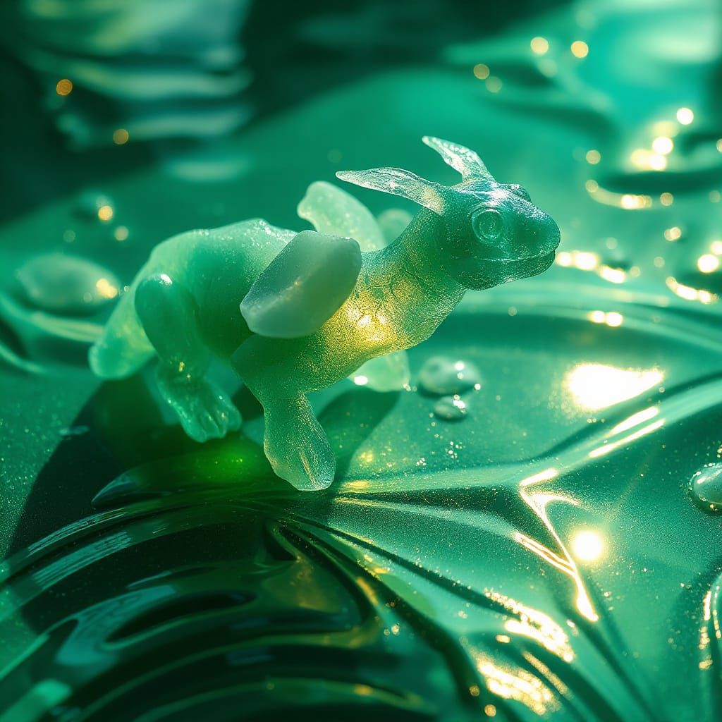Sea Glass Mythical Creature in Luminous Emerald Landscape