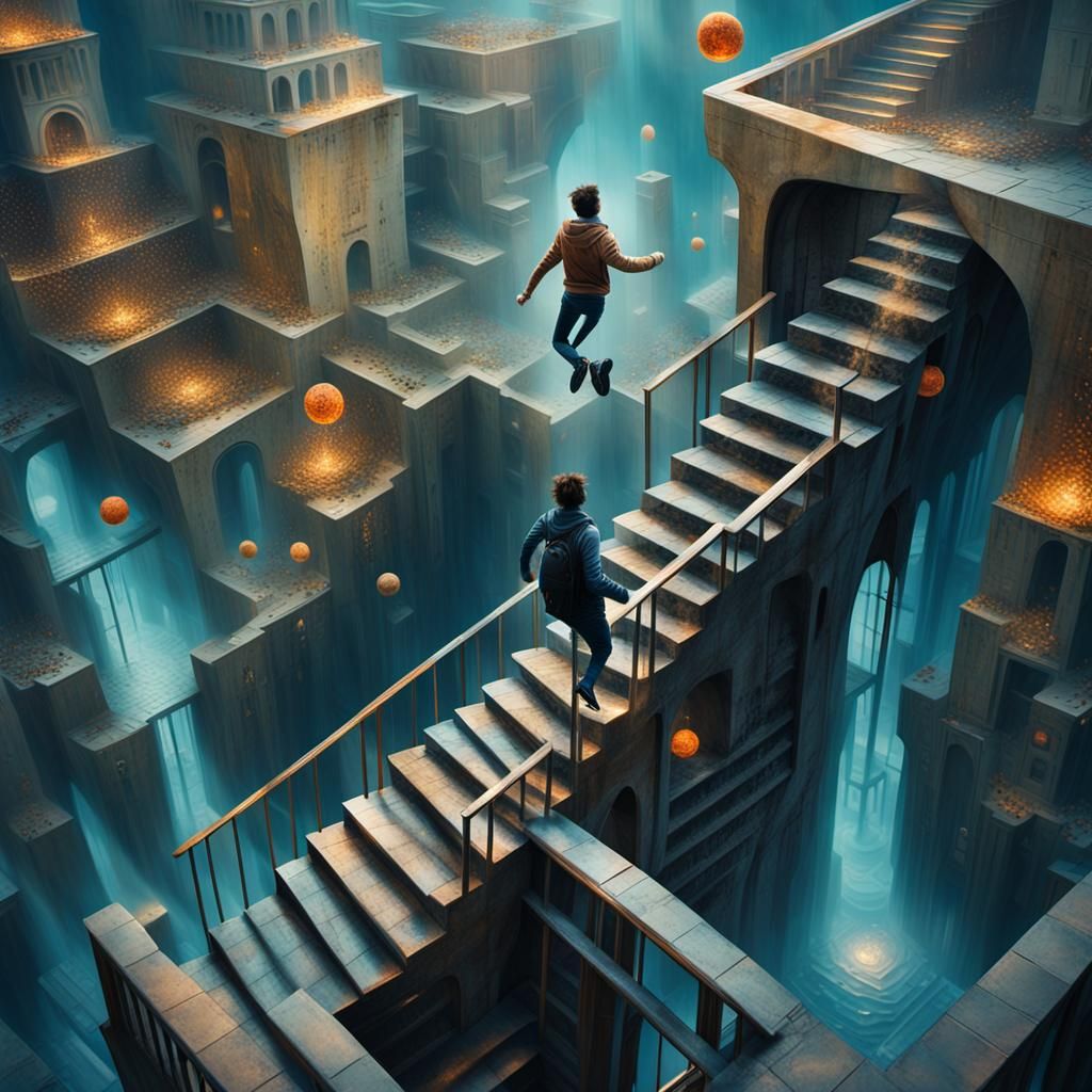 Surreal Stairwell Scene in Vivid Color