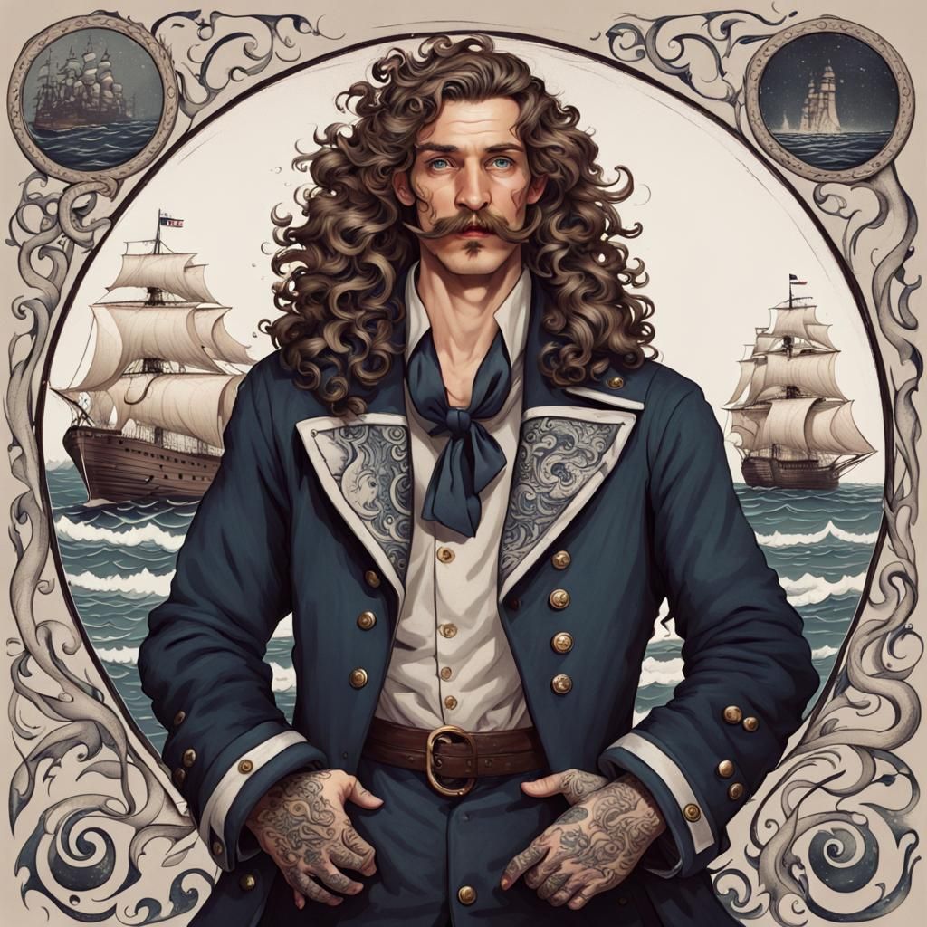 Seafaring Man with Tattoos and Sailor's Coat