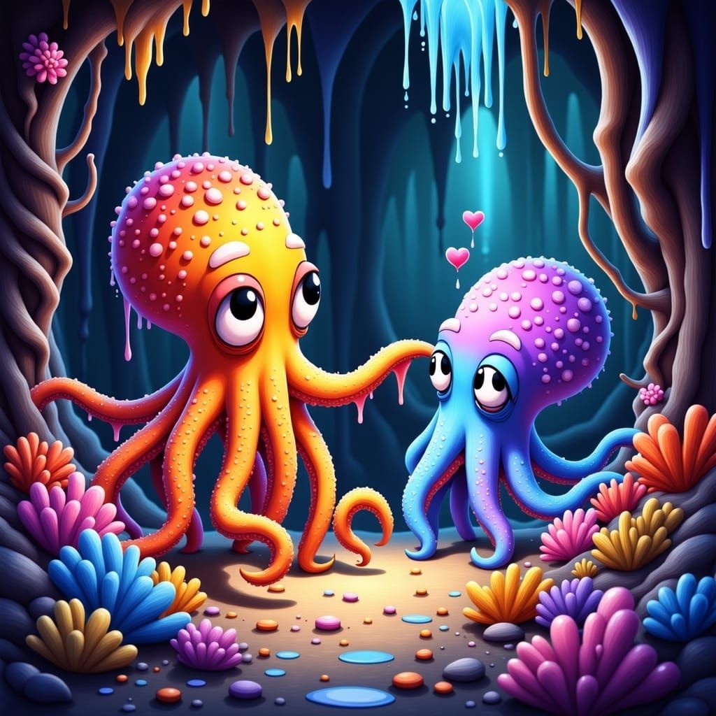 Whimsical Cartoon Octopus in Rainbow Fur Stretches Out to To...