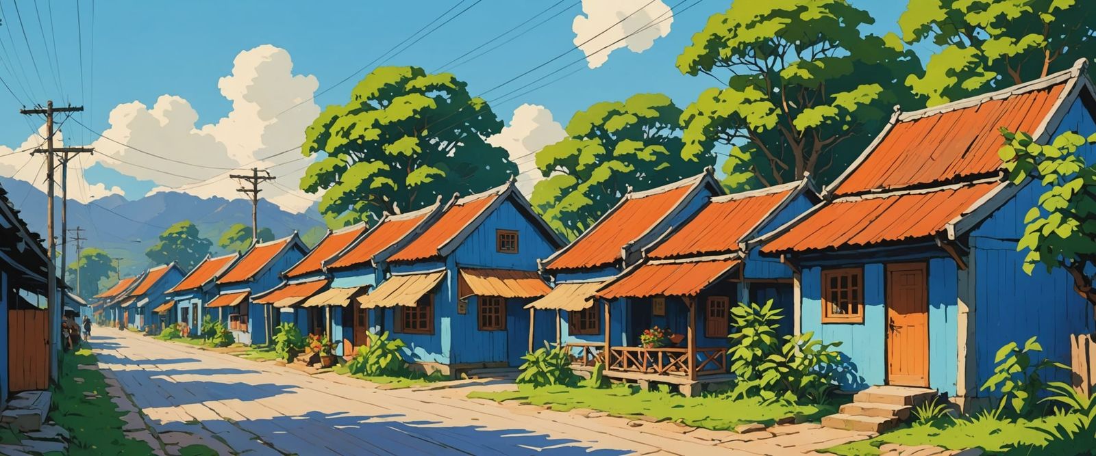 Bright Afternoon in Vietnamese Village as Gouache Watercolor