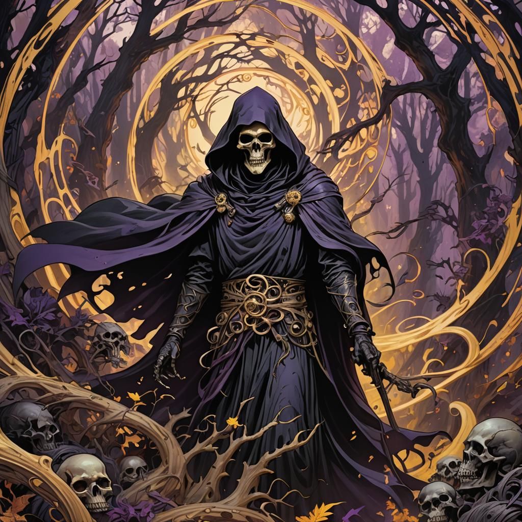 Grim Reaper in Mystical Forest, Fantasy Art