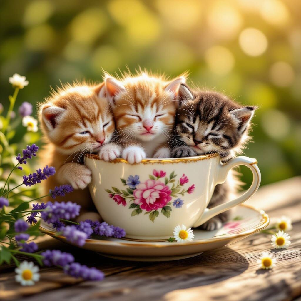 Kittens in Teacup with Lavender and Daisies