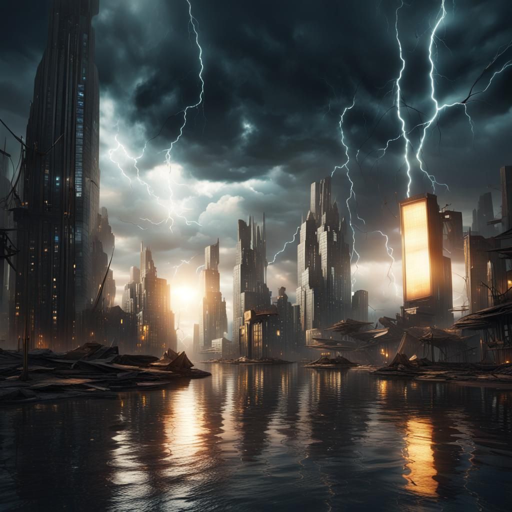 Futuristic Cityscape with Stormy Sky, Digital Art