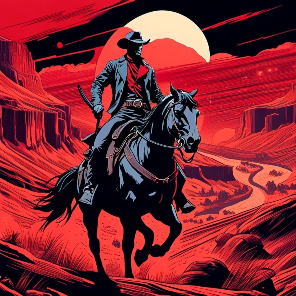 Cowboy Rides Under Blood Moon in Comic Style