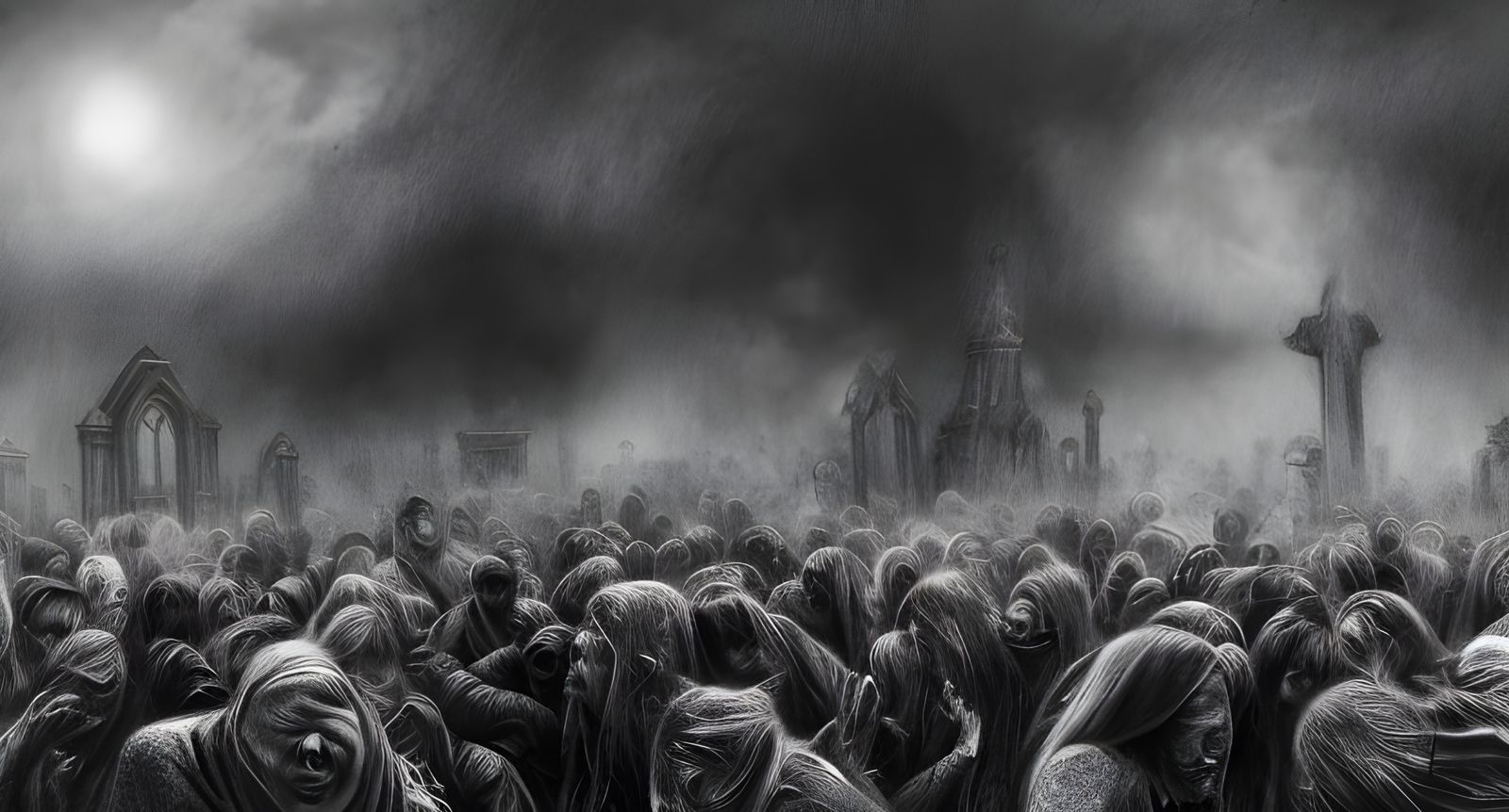 Mourning at Graveyard in Black and White Charcoal