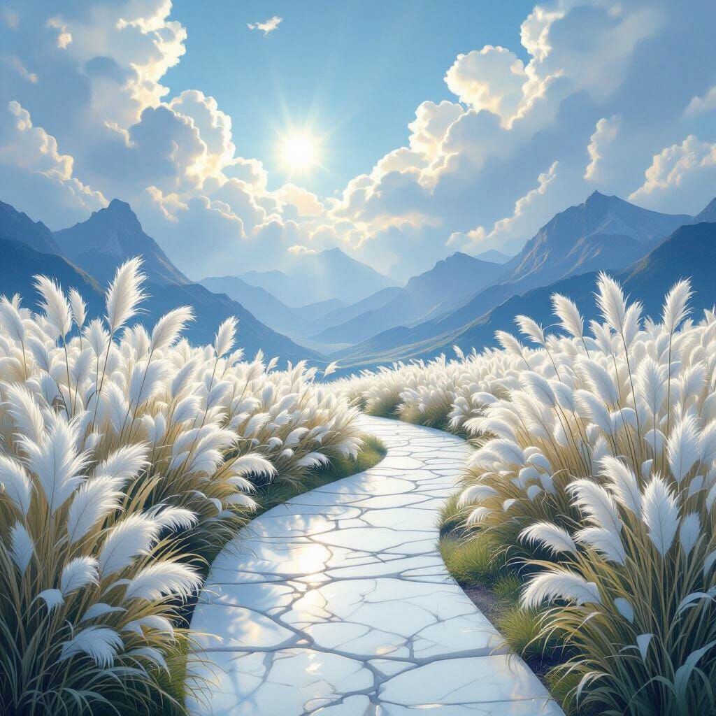 Ethereal Marble Path Through Feathergrass Under Sunbeams