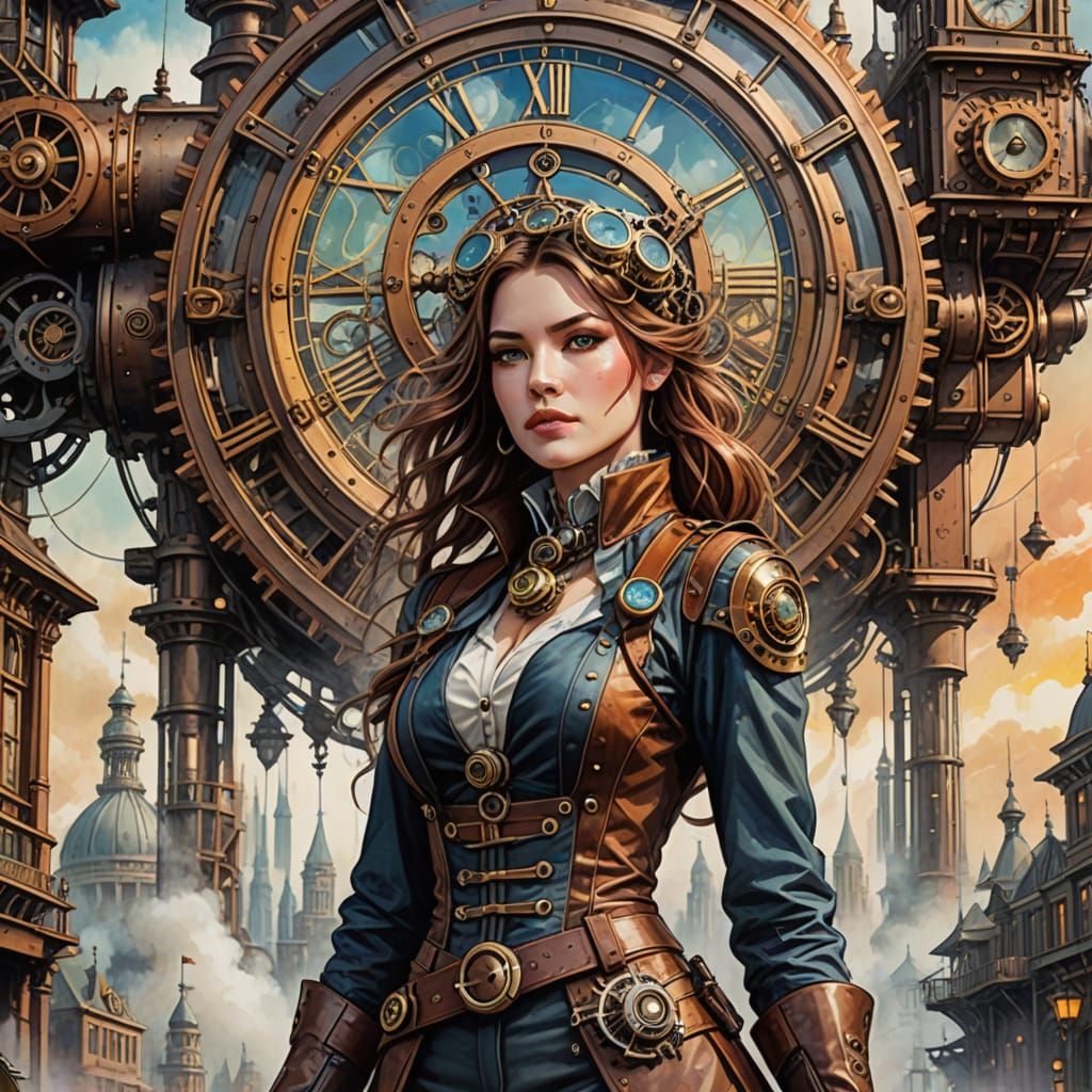 Steampunk Time Voyager in Watercolor Style