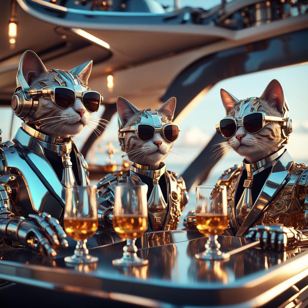 Humanoid Cats Yacht Party in Sci-Fi Style