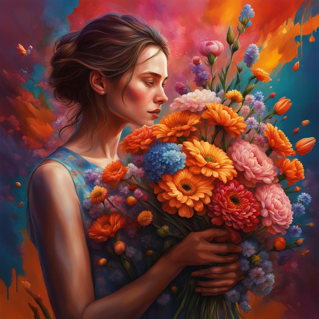 Woman Holding Flowers: Hyperrealistic Splash Art