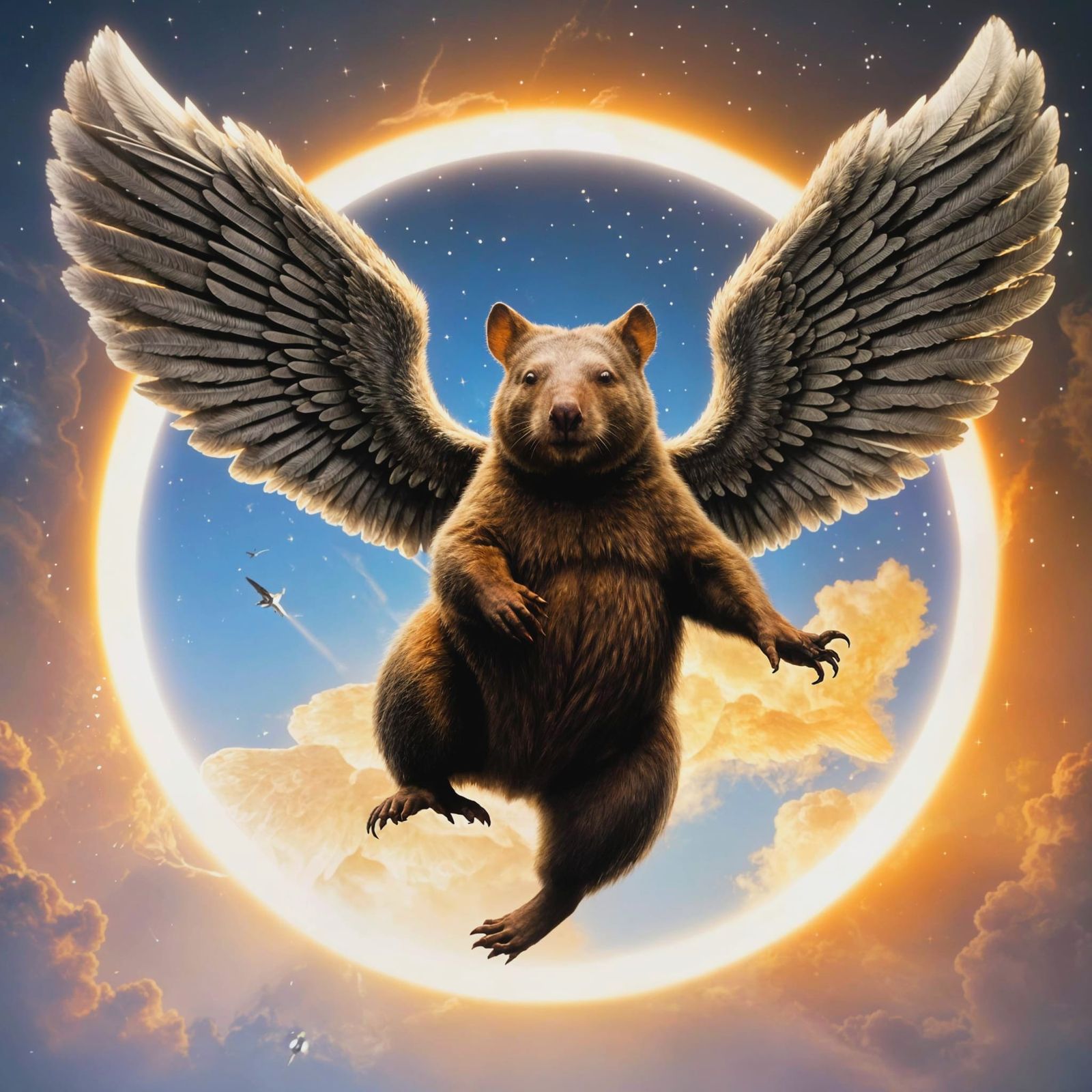 Celestial Wombat Angel in Surrealist Cosmic Landscape