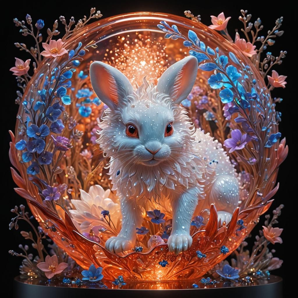 Bioluminescent Glass Bunny in Underwater Setting, Digital Ar...