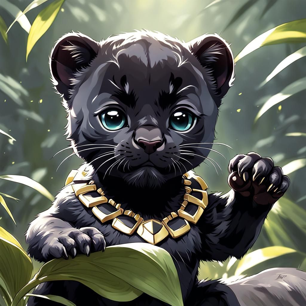 Adorable Baby Black Panther in Anime Style