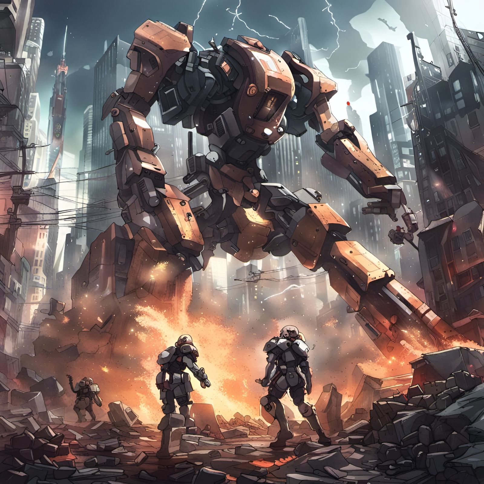 Cyberpunk Mechs Clash in Futuristic City