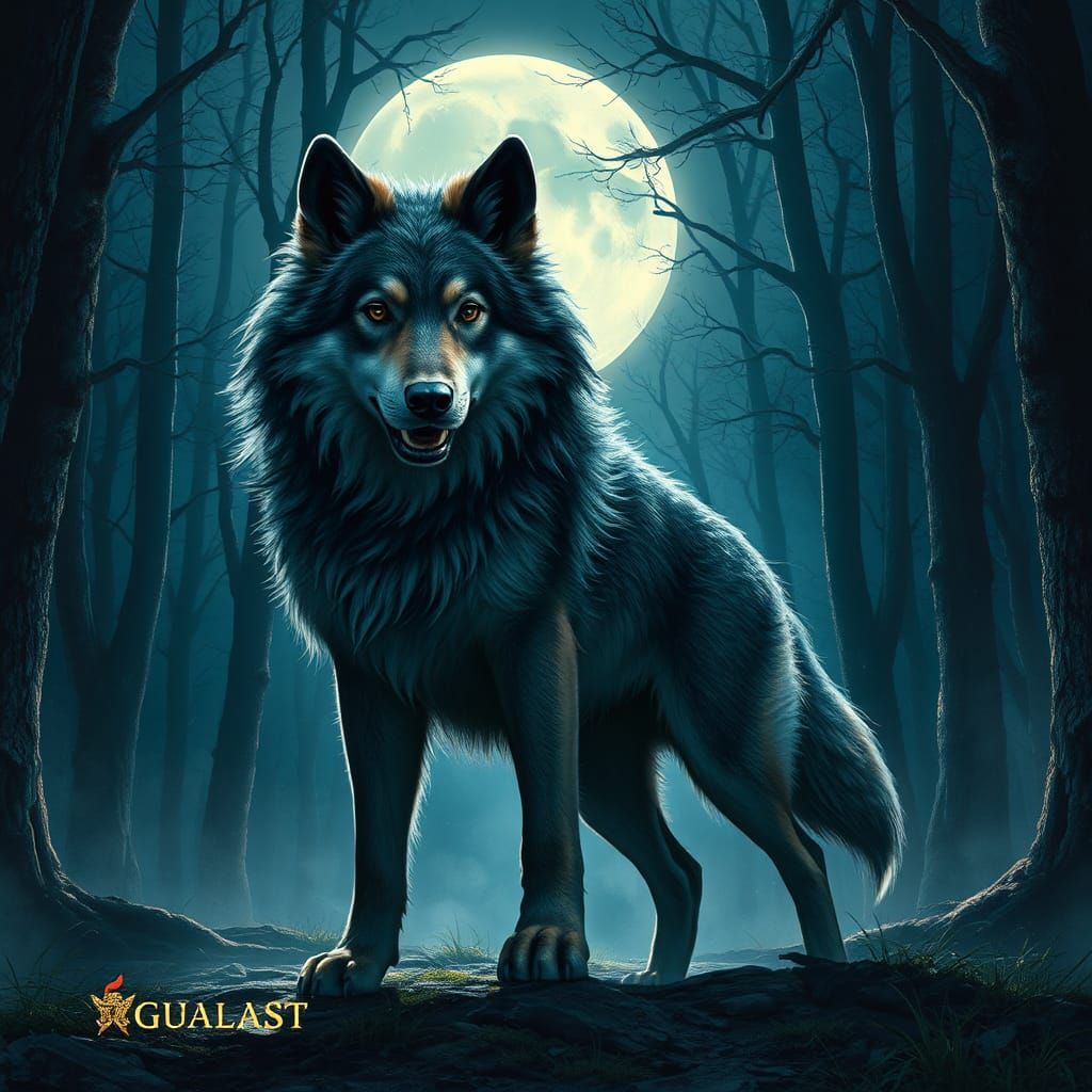 Heroic Wolfdog Protecting Owner in Mystical Forest