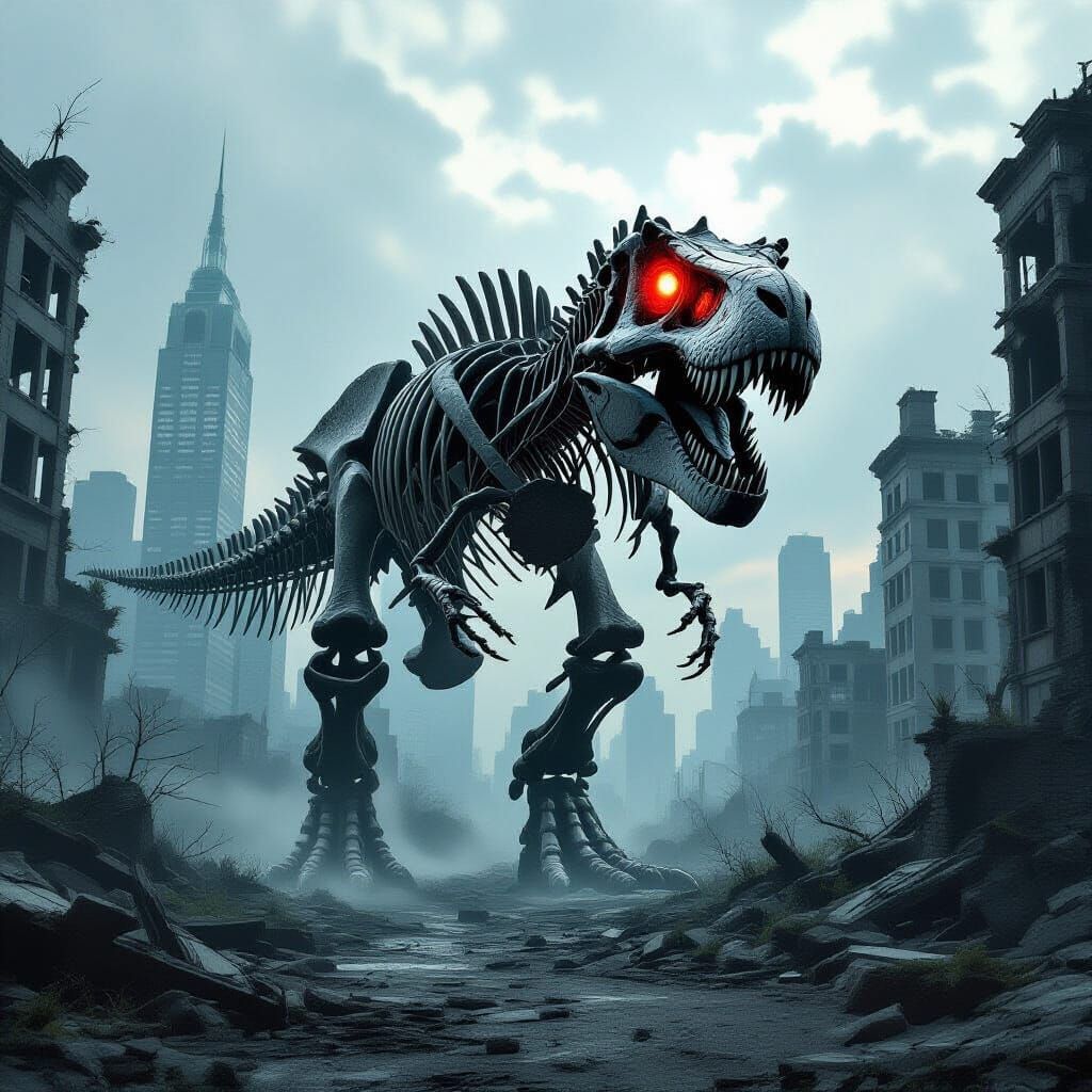 Giant T-Rex Skeleton Haunts Ruined City with Glowing Eyes