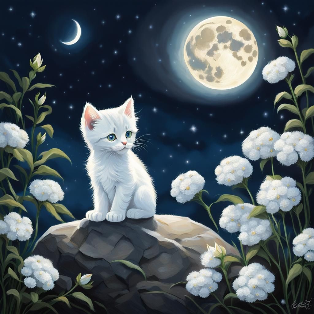 Kitten Gazing at the Moon in Tranquil Scene