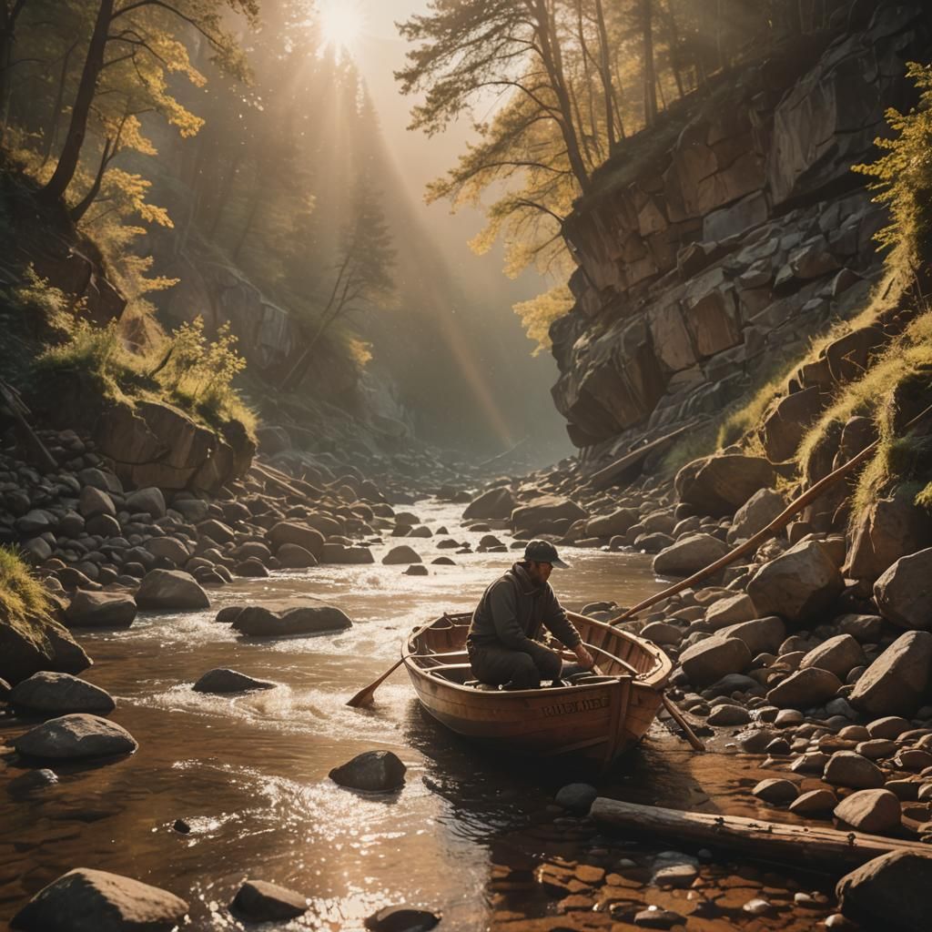 Man Rowing Boat on Rocky Stream in Golden Hour