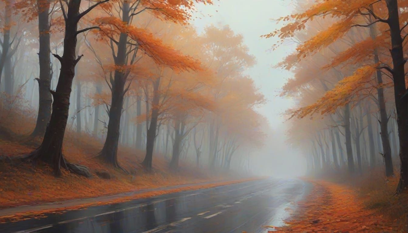 Foggy Autumn Road with Falling Leaves in Gouache Style