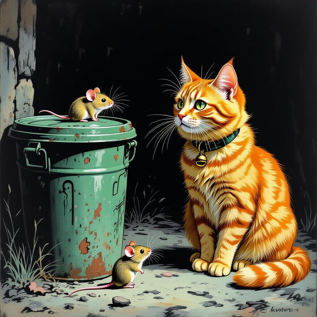 Orange Cat and Mouse in Mystical Style